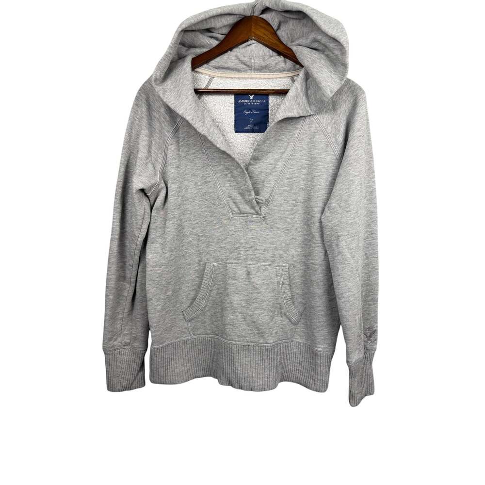 American Eagle Hoodie Womens SZ L Gray Fleece Pullover Sweatshirt Logo Y2K